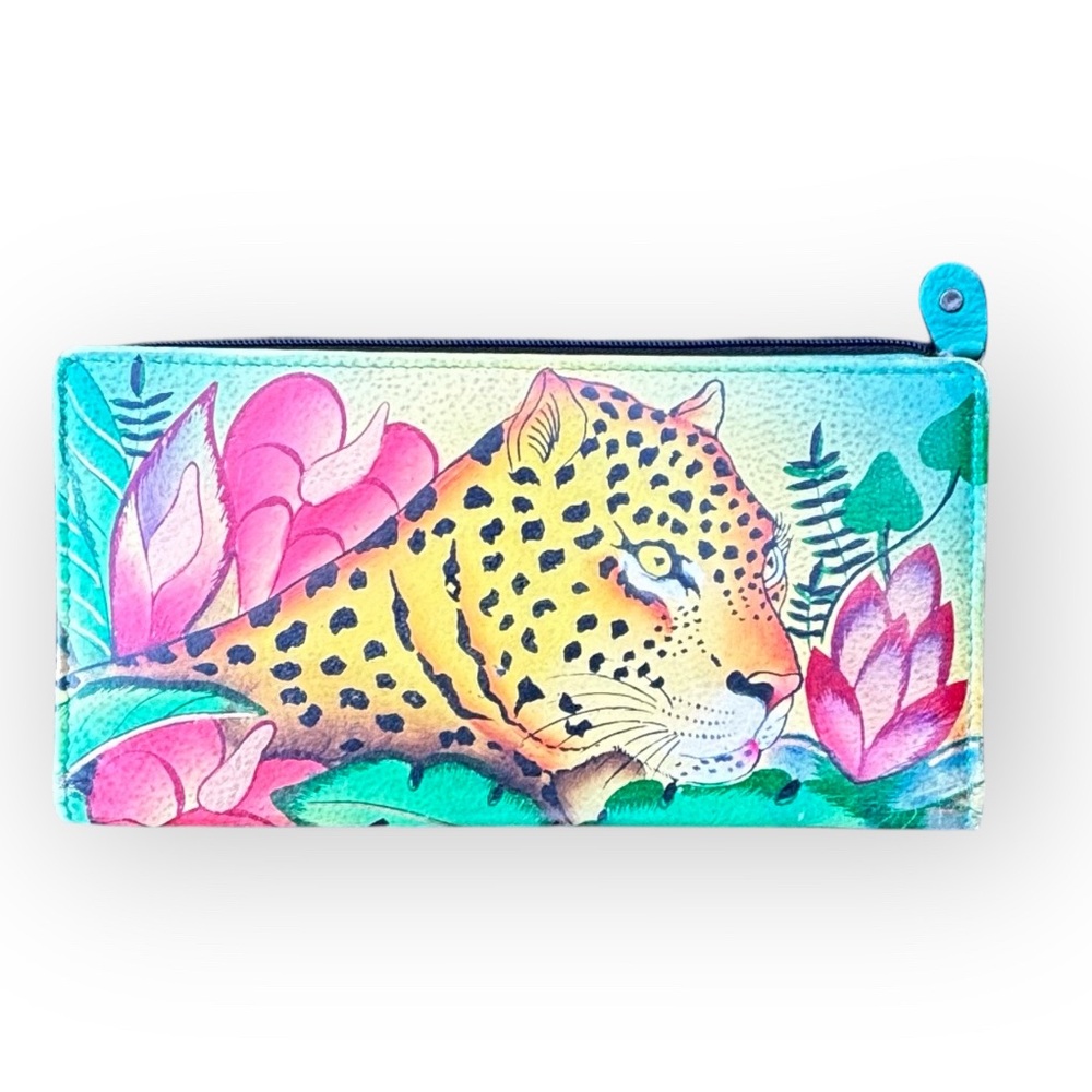 Anuschka Hand-Painted Clutch Leather Wallet Leopard Print